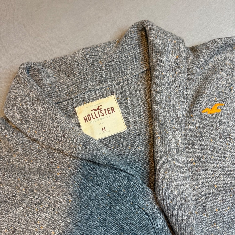 Hollister Mens y2k Gray Marl Shawl Collar Button Cardigan Sweater Size M Knit